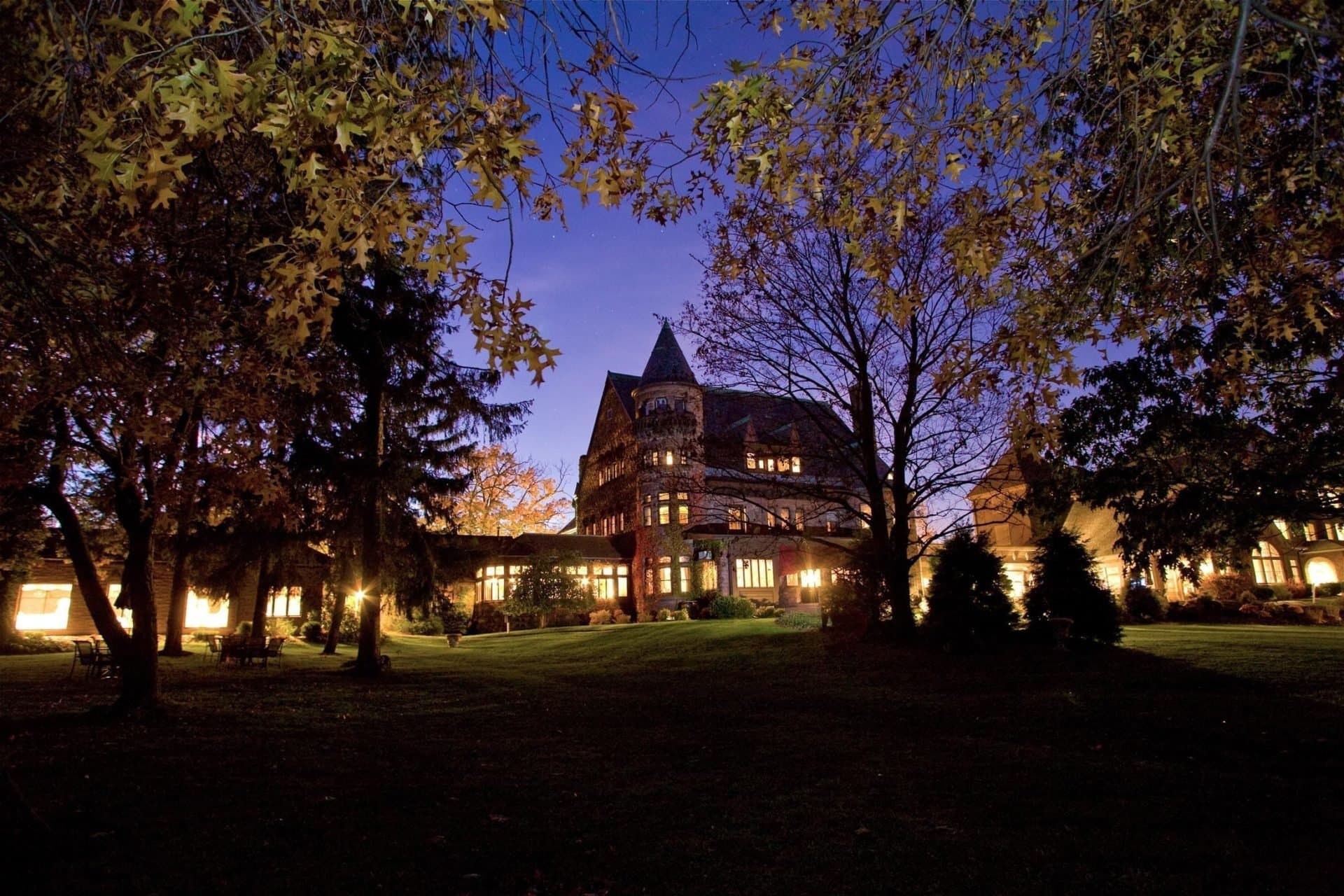 Belhurst Castle at twilight on Seneca Lake